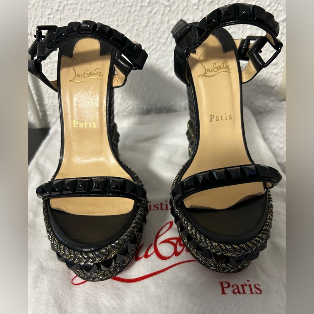 Christian Louboutin Cataclou Studded Wedge Sandals Black Size: 37